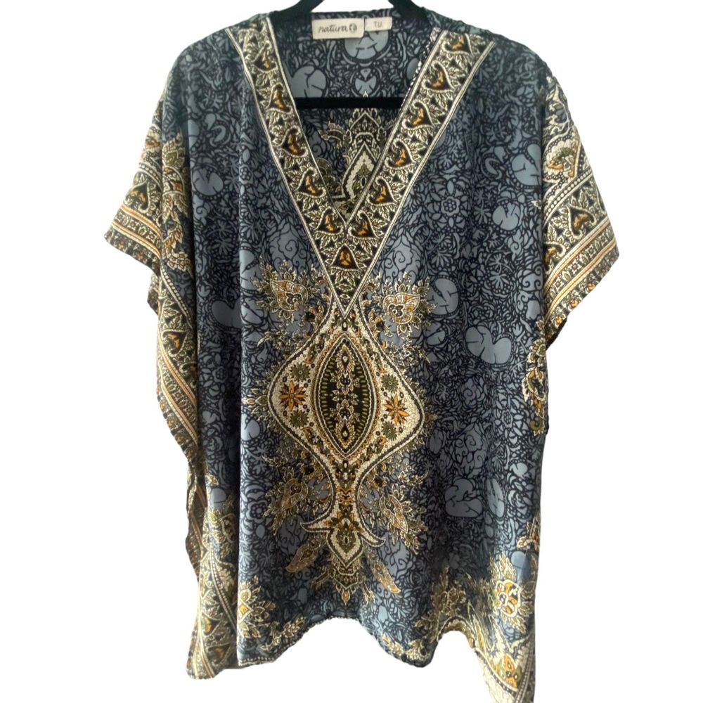 Natura India Blouse Shirt Top Paisley Boho Hippie One size Blue Brown Poncho